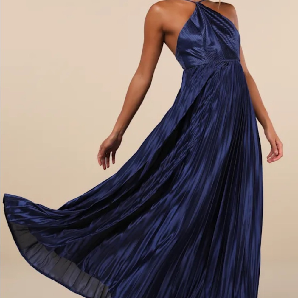 Lulu's Midnight Blue Halter Pleated Maxi Dress